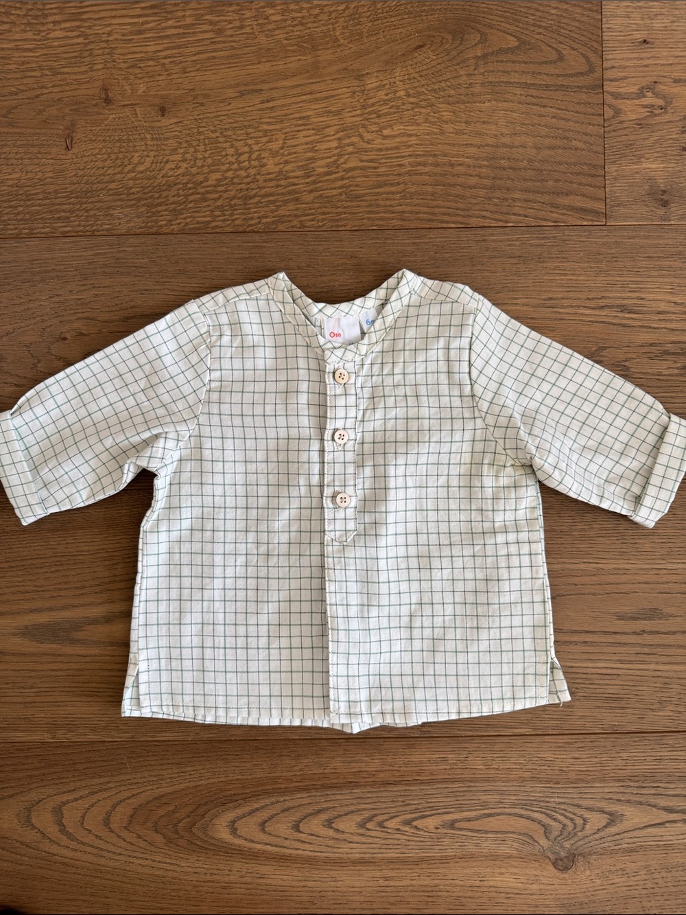 Button-Front Kids Shirt by Oes - White with Green Grid